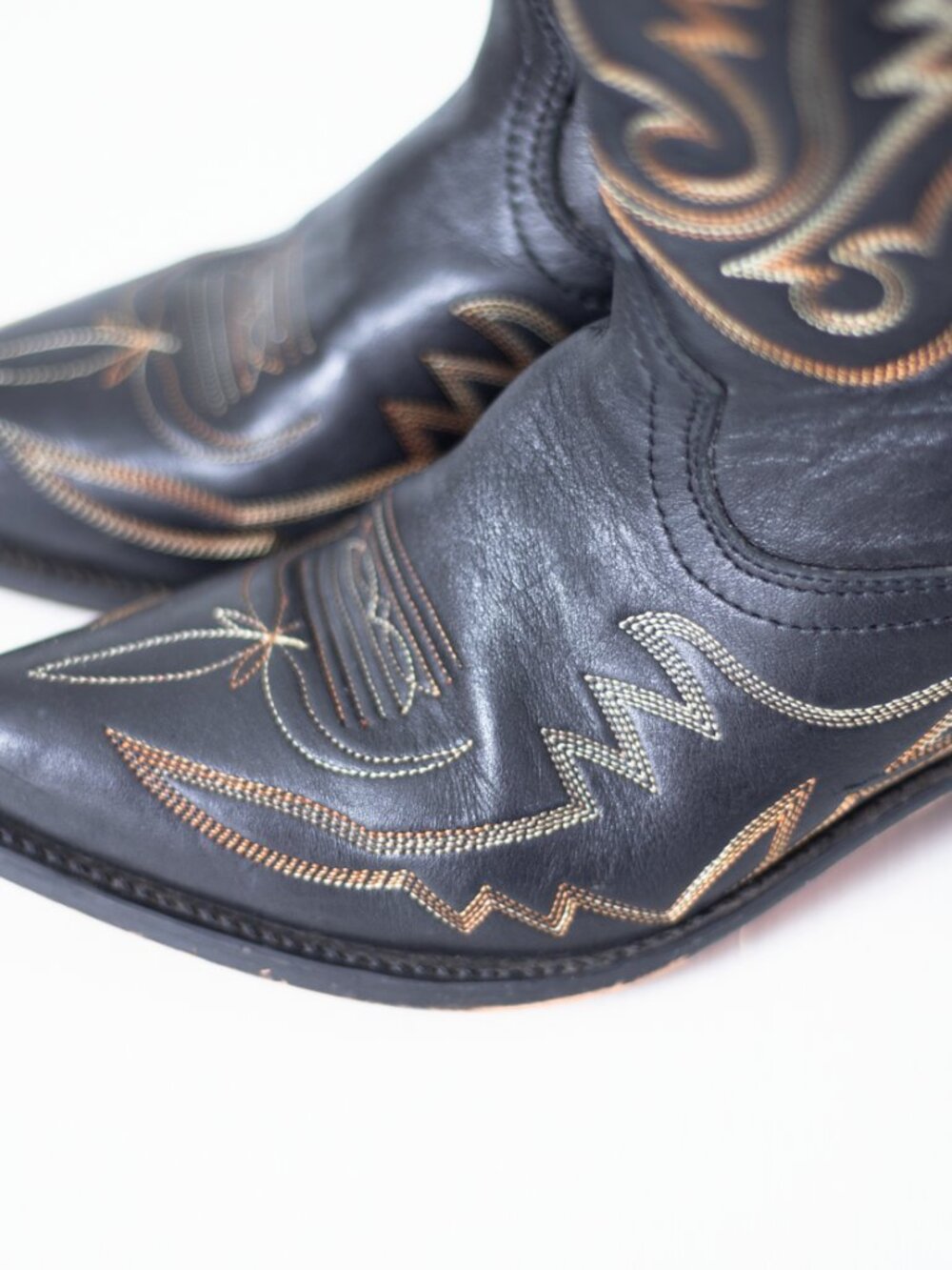 Vintage Cowboy Boots | Black Leather | Gold Stitch Inlay | Women's 8.5 / Men's 7 - Picture 4 of 16